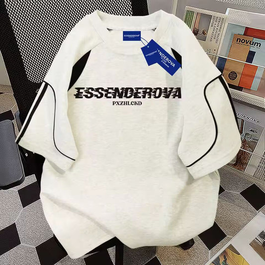 Korean style summer high street men and women trend splicing round neck short sleeved couple loose hip-hop casual T-shirt top